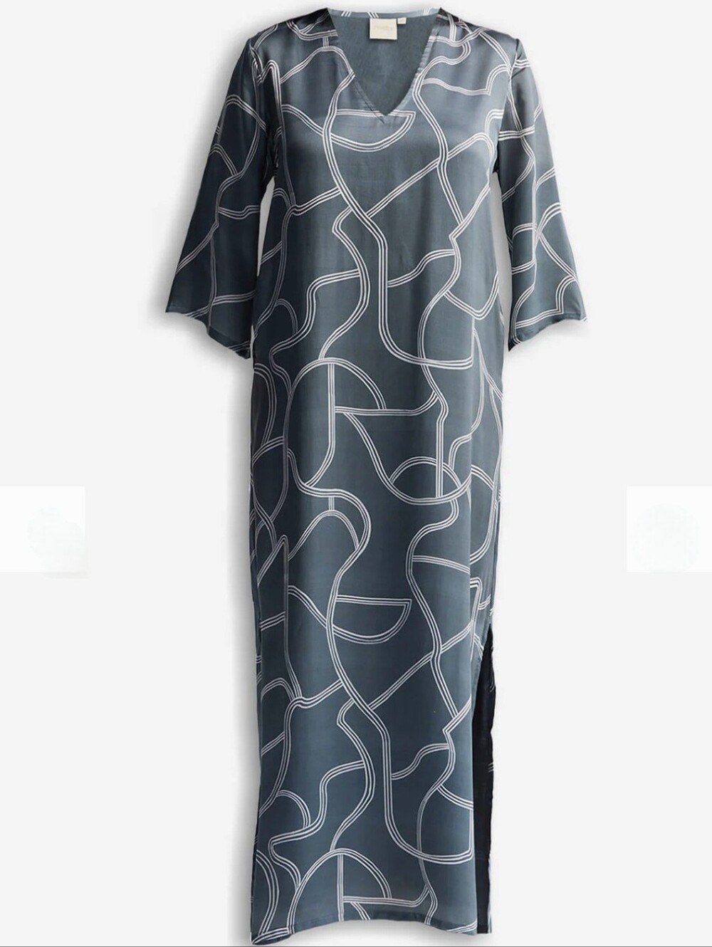 Women's Slate Blue Abstract Print V-Neck Maxi Dress
